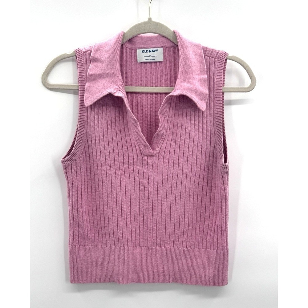 Old Navy Medium Knit Top Pink Sleeveless Blouse Ribbed Collared Elevated Basic